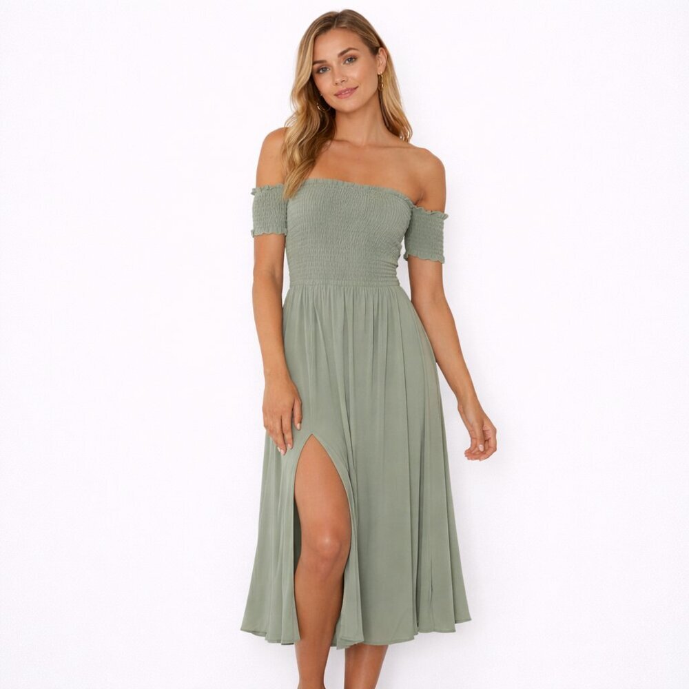 Lulus View from the Meadow Olive Green Off The Shoulder Smocked Dress XL